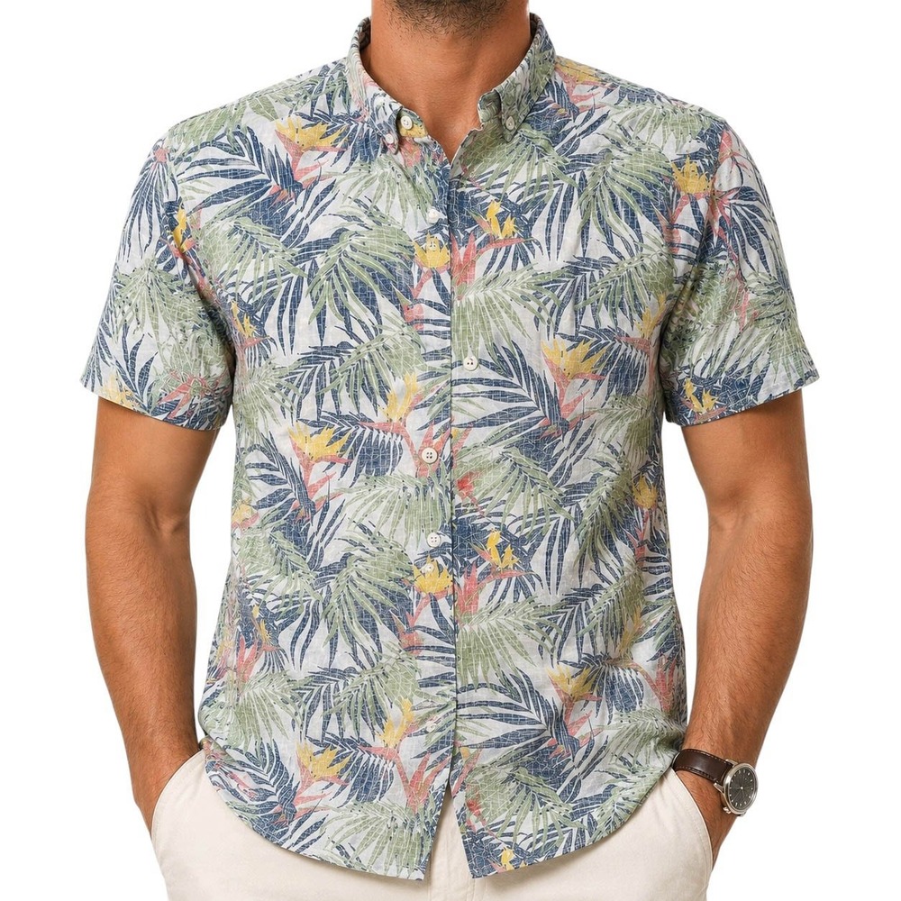 IZOD Saltwater Mens XXL Tropical Palm Bird of Paradise Cotton‎ Button Down Shirt